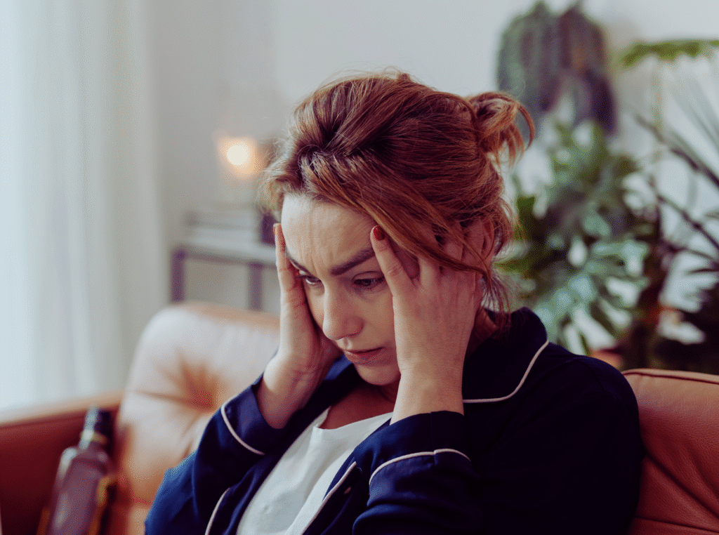 How to find your purpose in life. woman with her hands on either side of her head looking like she's overwhelmed and has given up.
