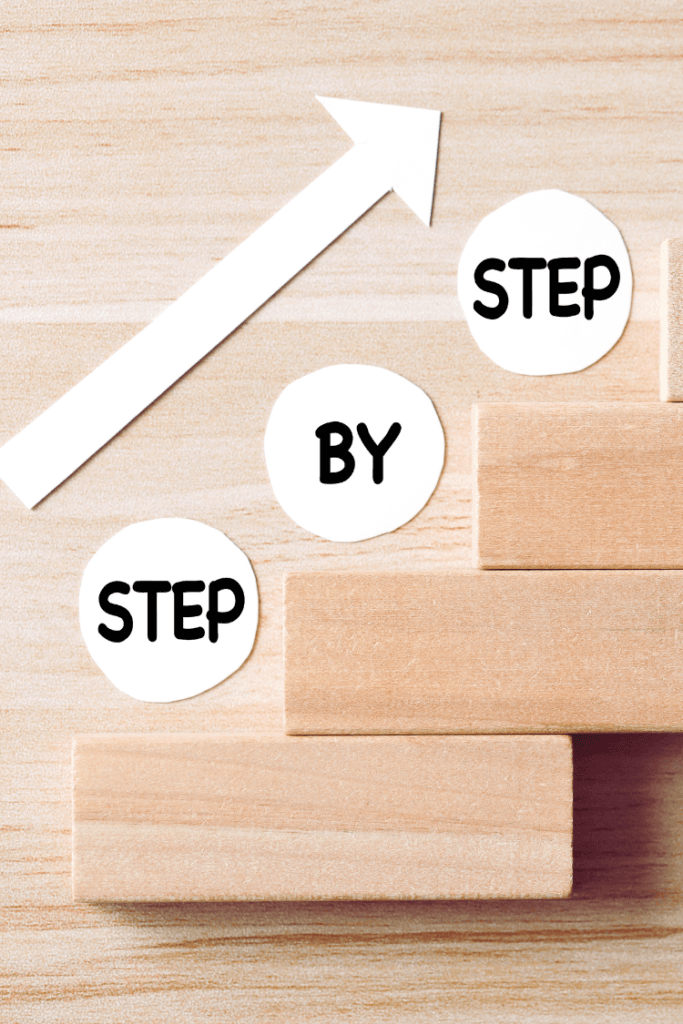 How to Find Your Purpose in Life. Step by step stairs. the words step by step are written above the stairs and there's an arrow pointing up.