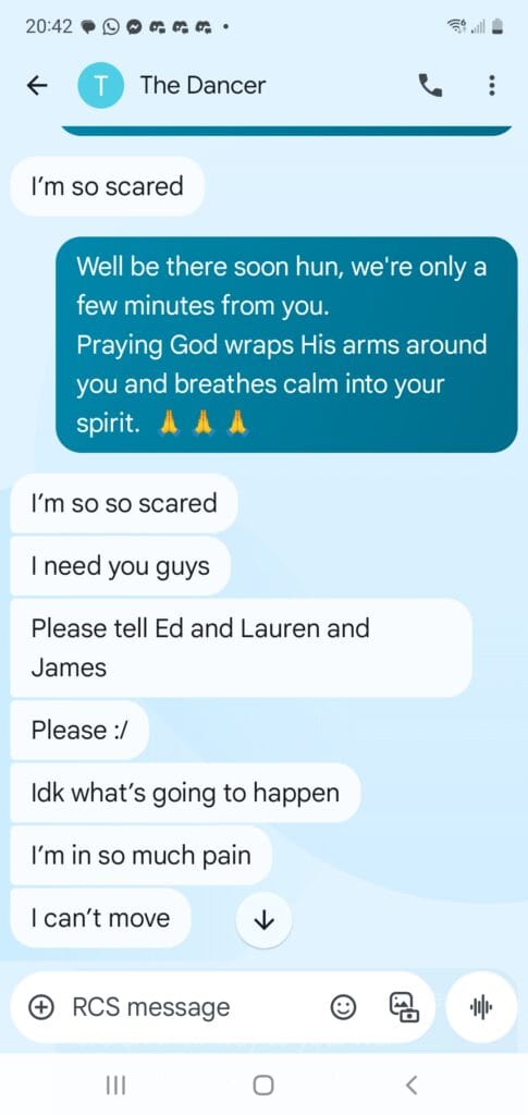 Wrecked Car. Daughter in Hospital Bed. 1st text I got when we were trying to get to the hospital to see Nicole. she was scared and thought she was going to die. She was saying she was in so much pain and don't know whats going to happen. she said she cant move.