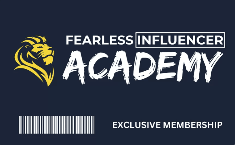 this is a black rectangle with the words Fearless influencer academy in the center. and a bar code to the bottom left. and it says exclusive member to the bottom right. this represents membership in the fearless influencer academy.