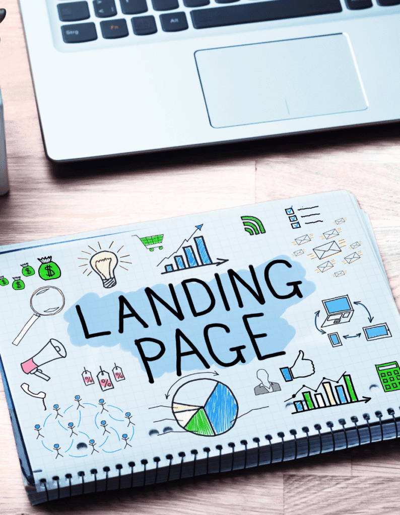 Should I start a blog or a marketing funnel? Laptop with a notebook below it with the words landing page written on it and pictures all around it, because the post is referring to a landing page.