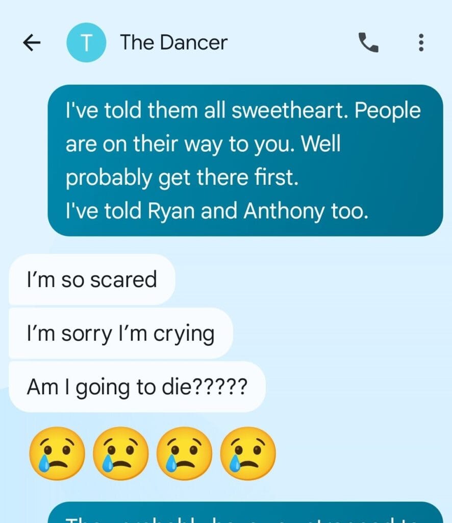 Wrecked Car. Daughter in Hospital Bed. 2nd text I got when we were heading to the hospital. Nicole asked am I going to die? and she said she was so scared. as a mom, I was in such a panic and wanted nothing more than to get by her side. we were driving as fast as we could toward the hospital.