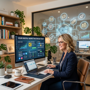 digital marketing tools this is the digital engine room that controls your business. blond woman sitting in front of a laptop smiling.