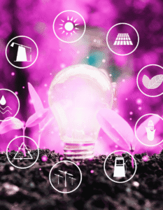 Digital Marketing Tools. lightbulb with resources around it on a background of purple, representing an abundance of resources listed on this page.