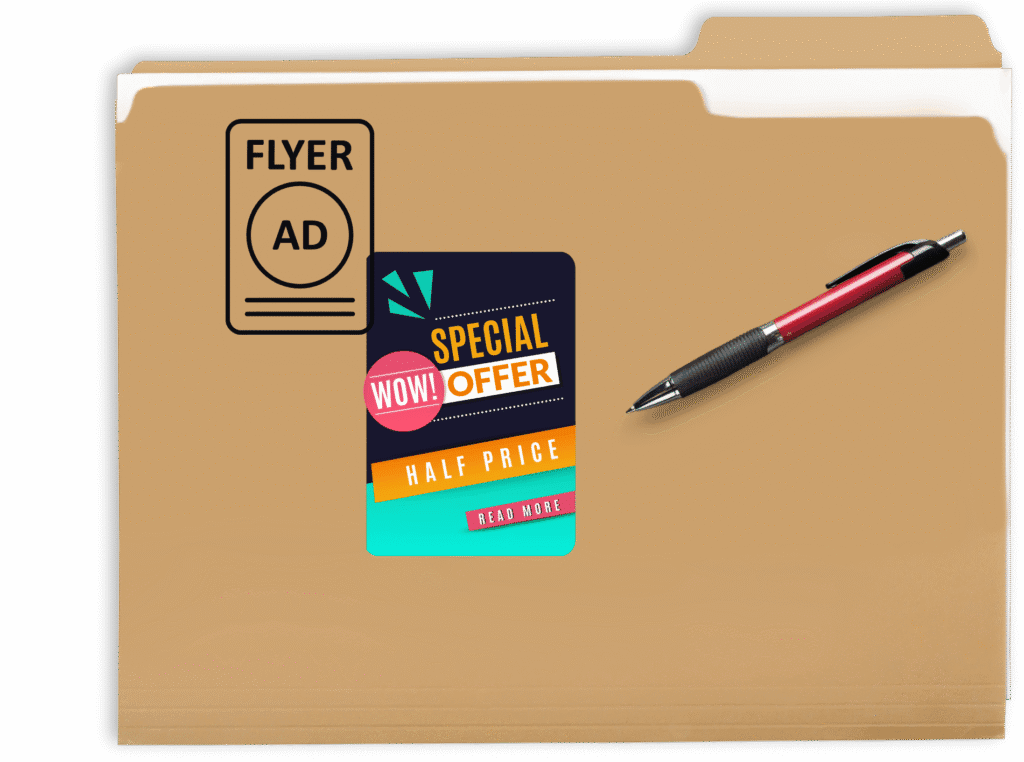 How to post on Pinterest? This is a folder with papers inside. And an image of a flyer on top of the folder with another image of a transparent flyer/ad to show it represents a flyer. There is a red pen on top of the folder as well. 