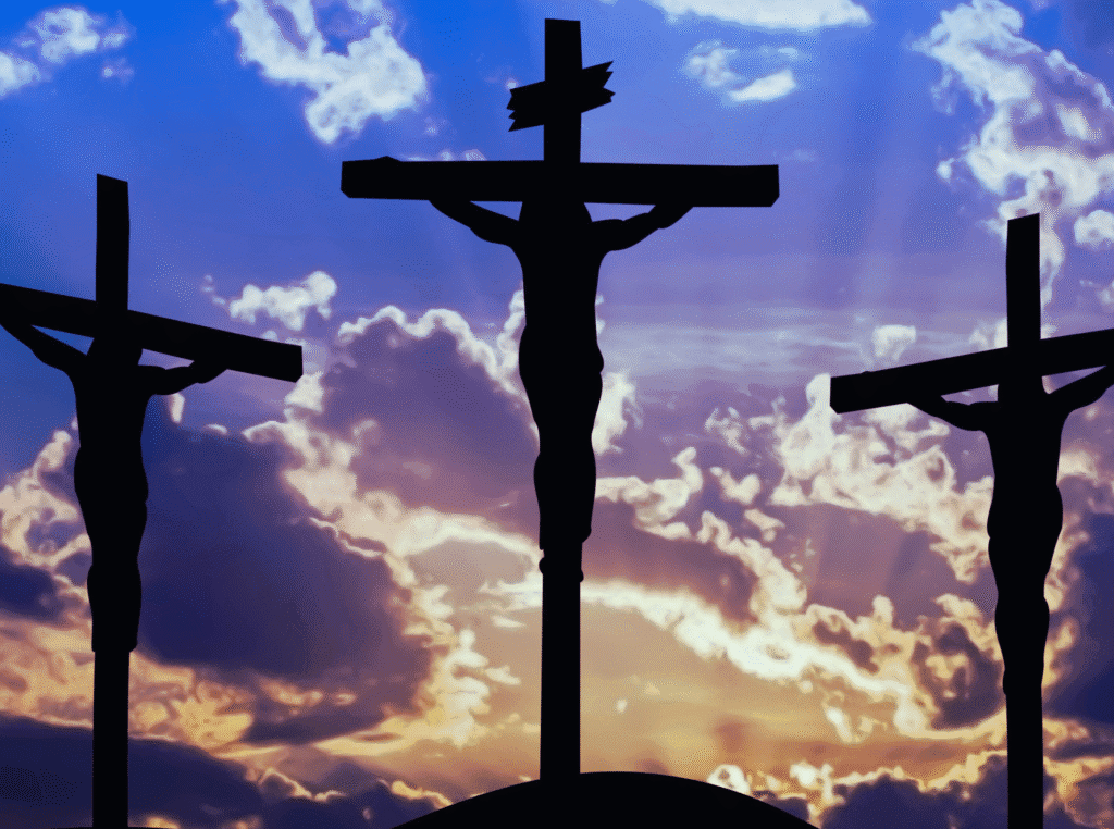 Bible verses about forgiveness. Image of 3 crosses with 3 people hanging from them... the sunset in the backgroung so the people are darkened out. but clearly the middle one is Jesus.