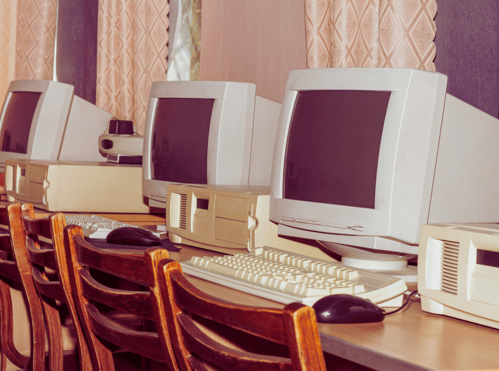 How to use pinterest for affiliate marketing. Retro school computer lab with rows of old desktop computers on tables... early inspiration to work from home.