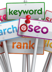 Pinterest SEO. image of different signs all saying something different. SEO, keyword, search, rank, etc. Then there is the pinterest logo before the letters seo and a red push pin representing pinterest seo.