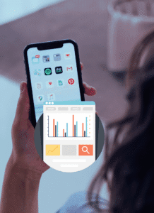 Pinterest Analytics. woman holding a smartphne with pinterests logo on the front. then an analytics graph image at the bottom of the phone.