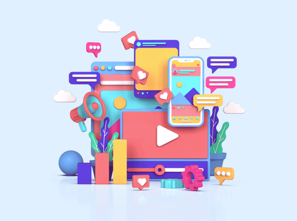 affiliate marketing on pinterest without a blog, annimated image of different social media images all clustered together. youtube, emojis, chat windows, speaker phone, hearts, tablet, cellphone, etc.