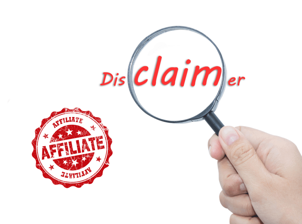 affiliate disclosure examples. image of a stamp that says affiliate. and to the right a hand is holding a magnifying glass with the word disclaimer under it, but the glad is enlarging the word claim.