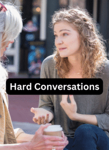 Having Hard Conversations. two women talking. it looks like a daughter and mother having a very serious conversation.