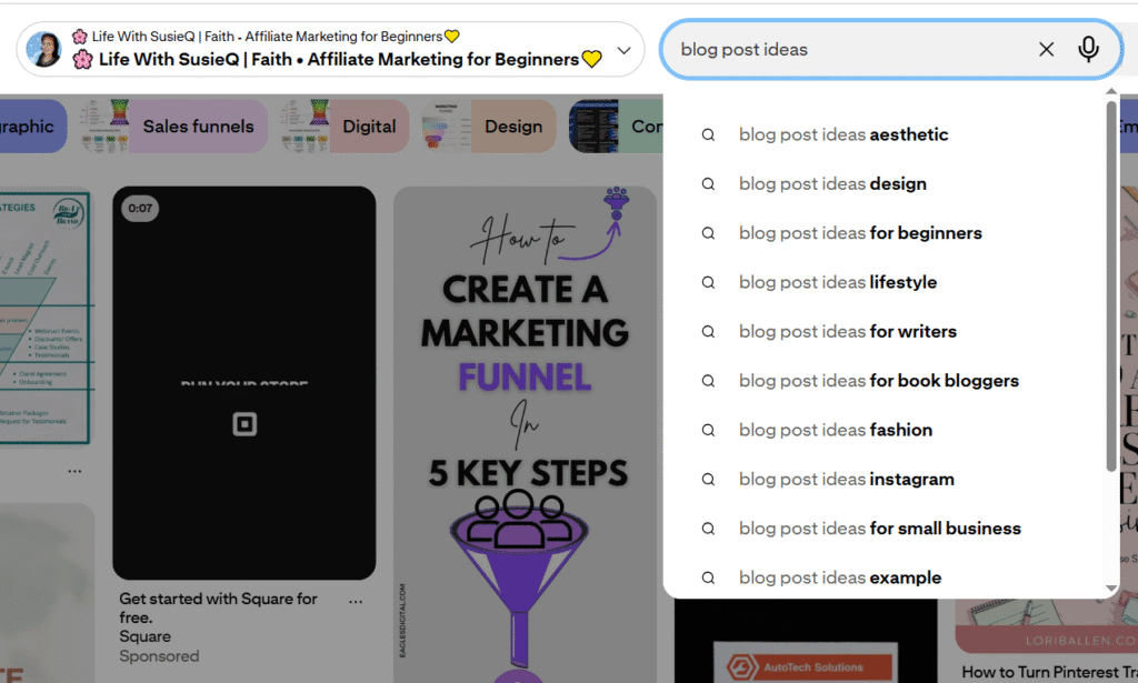 How to get blog post ideas from pinterest, screenshot of pinterest and I typed in 'blog post ideas' and then a bunch of keywords showed up under it. Those are gold keyword research.