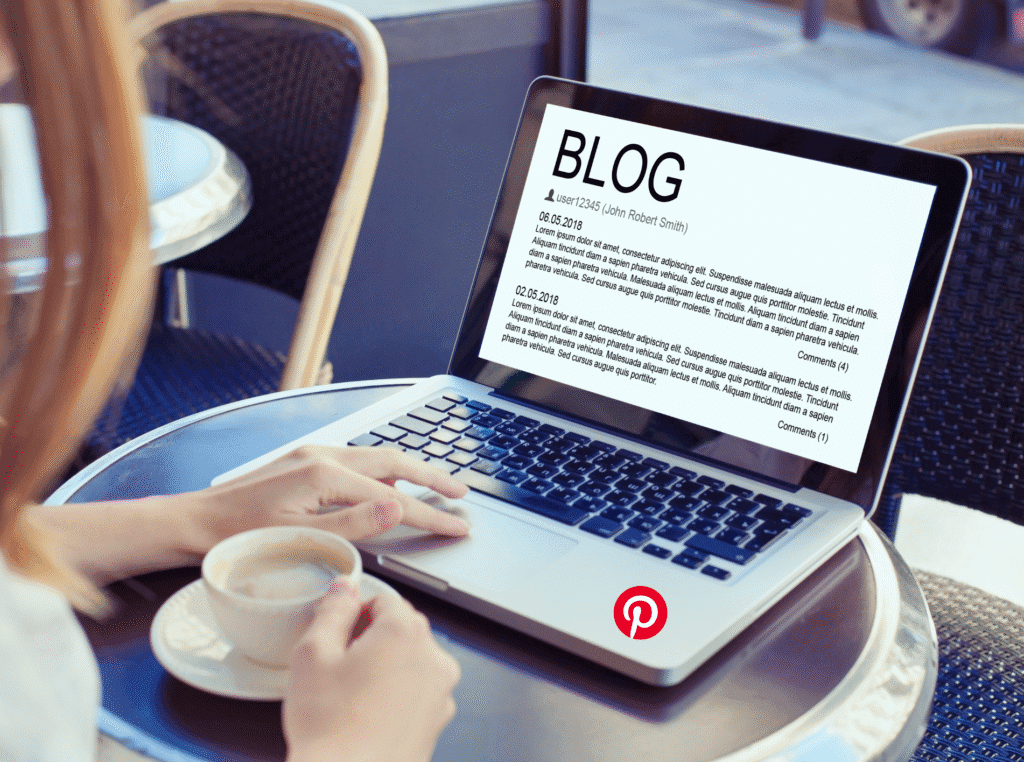 How to use pinterest for your blog. woman on a laptop with a cup of coffee in front of her and her laptop screen says blog.