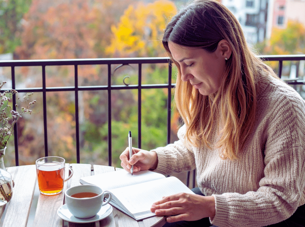 prayers for adult children. woman sitting at a balcony patio table outside with a pen in hand writing in a notbook. theres a cup of tea in front of her and the background trees look like autumn.