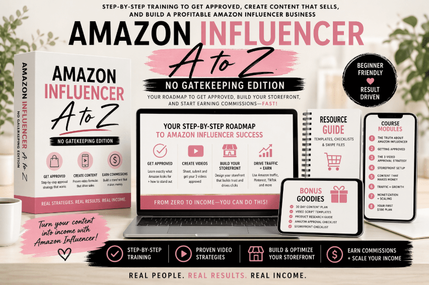 side hustle ideas. Amazon influencer course and everything that comes with it. all digital