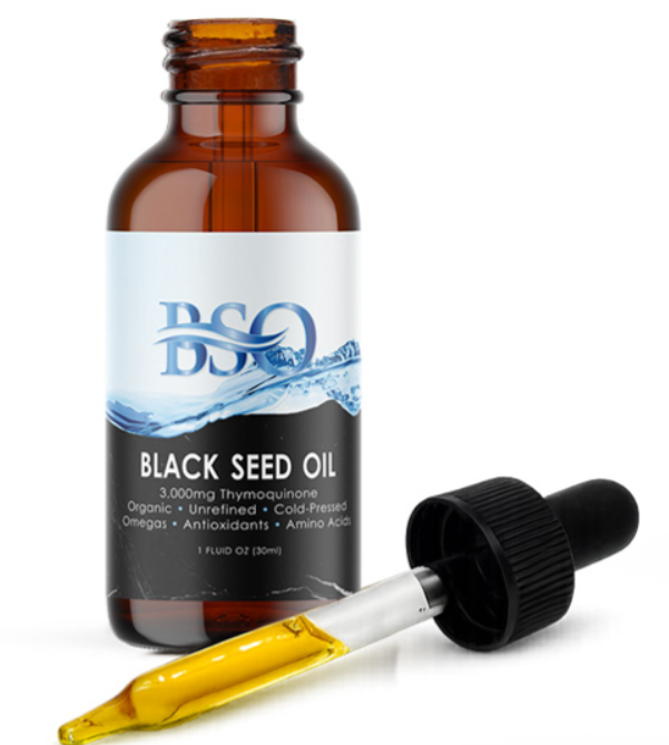 bottle of black seed oil with the dropper off to the side