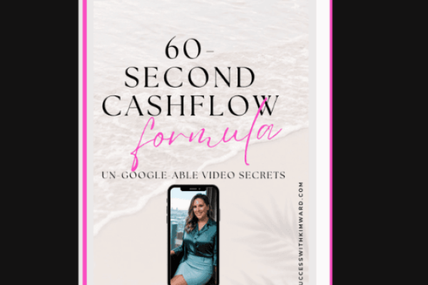 this is the front cover of the freebie 60-second cashflow formula and it has a cream color front cover with black words and some are pink. ther's a cellphone on the front with an image of the author inside the cell phone.