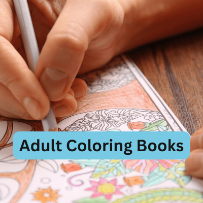 Are adult coloring books still popular, womans hand coloring a coloring page. the words on the front of the image that says: adult coloring books.