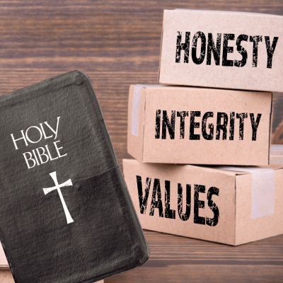 Good Values And Morals. holy bible on the left, wth words on blocks: Honesty, integrity and values on the right.