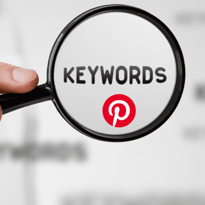 How do you use keywords on pinterest. a magnifying glass with the word "keywords" in the center and the pinterest logo below it.