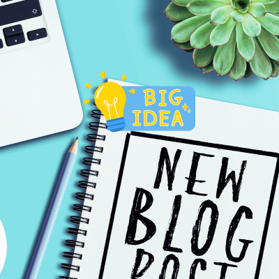 How to get blog post ideas from pinterest. desk with notebook and pen. on the notebook it says: new blog post. above it there's a graphic that says: big idea