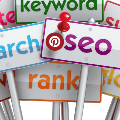 Pinterest SEO. image of different signs all saying something different. SEO, keyword, search, rank, etc. Then there is the pinterest logo before the letters seo and a red push pin representing pinterest seo.