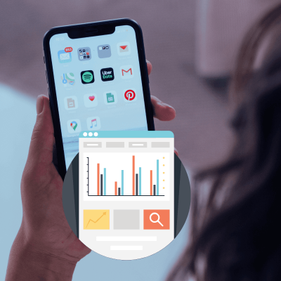 Pinterest Analytics. woman holding a smartphne with pinterests logo on the front. then an analytics graph image at the bottom of the phone.