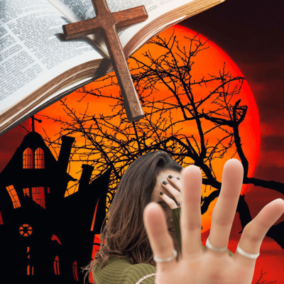 Should christians celebrate Halloween. spooky halloween image in the background, a Bible and a cross in the upper left corner and in front theres a woman with one hand over her face, and the other out in front of her like she wants nothing to do with halloween.