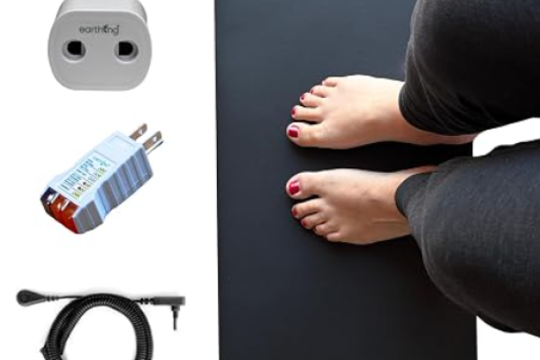 grounding mat with plug tester and adapter and cord, woman resting her feet on the mat