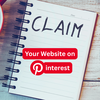 how to claim your website on pinterest. notebook with the word claim on it. below that, it says your website on Pinterest.