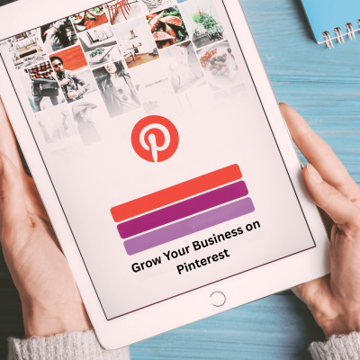 How to Create a Pinterest Business Account. woman holding a tablet with pinterest on the screen and the words under it: Grow your business on Pinterest