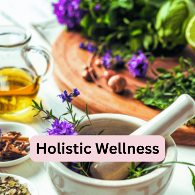 Natural Alternatives For Health. on the front of the image it says: Holistic Wellness. and the picture is of different oils and herbs set on a table and round cutting board.
