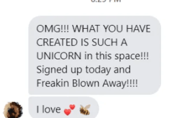 pagewheel testimonial. It looks like a screenshot of a message. and it says: OMG!!! what you have created is such a unicorn in this space!!! signed up today and freaking blown away!! I love!!