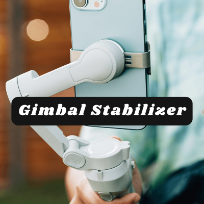 phone gimbal stabilizer. person holding a gimbal stabilizer with phone attached like they're recording a video. the words on the image that say: gimbal stabilizer.