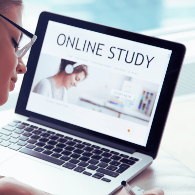 pinterest course for bloggers. woman at laptop taking notes and the screen says Online Study.