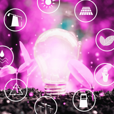 Digital Marketing Tools. lightbulb with resources around it on a background of purple, representing an abundance of resources listed on this page.