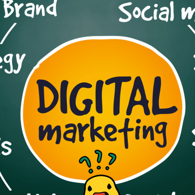what is digital marketing. big yellow circle with digital marketing on in the middle. theres a duck with question marks below it. and a green background. different words all around it like social, brand, etc.